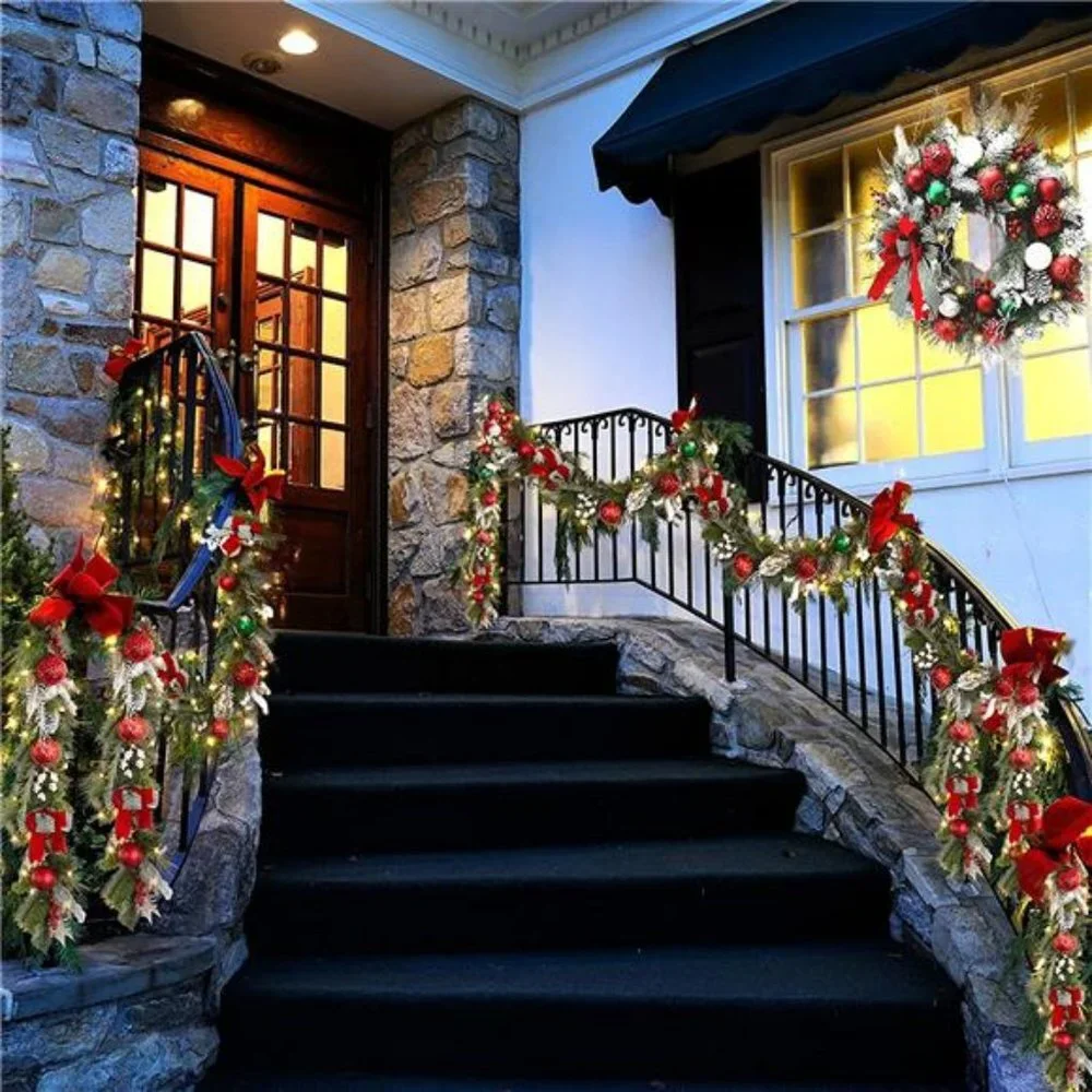 9ft Prelit Christmas Garland with 40 Light for Front Door, w/ Bow Christmas Ball